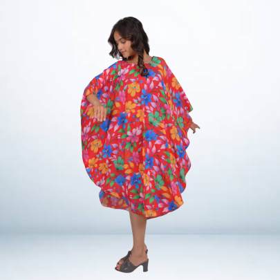 Red Floral Printed Beach Short Kaftan