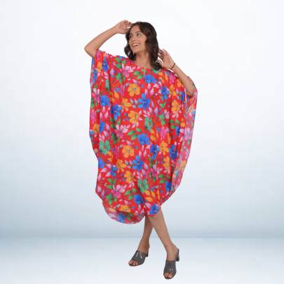 Red Floral Printed Beach Short Kaftan