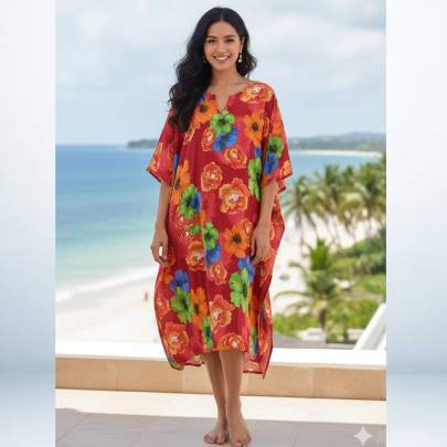 Red Floral Printed Kaftan Cover-Up