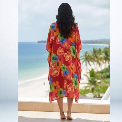 Red Floral Printed Kaftan Cover-Up