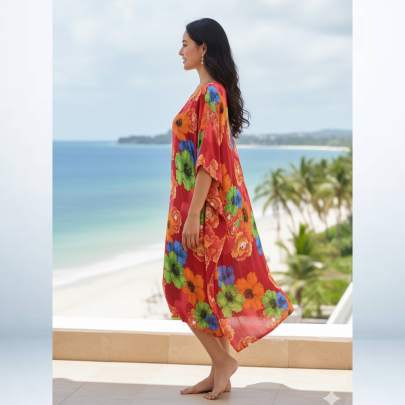 Red Floral Printed Kaftan Cover-Up