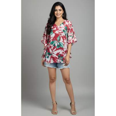 Red & Green Floral Short Kaftan Tunic (Fits Up to 44