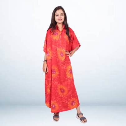 Red Spray Tie Dye Printed Long Kaftan 