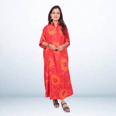 Red Spray Tie Dye Printed Long Kaftan