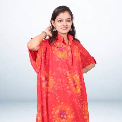 Red Spray Tie Dye Printed Long Kaftan
