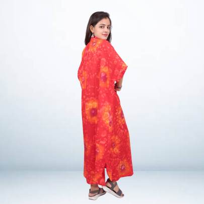 Red Spray Tie Dye Printed Long Kaftan