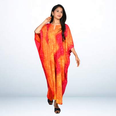 Red Orange Hand Spray Printed Long Kaftan Caftan