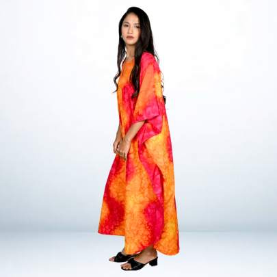 Red Orange Hand Spray Printed Long Kaftan Caftan