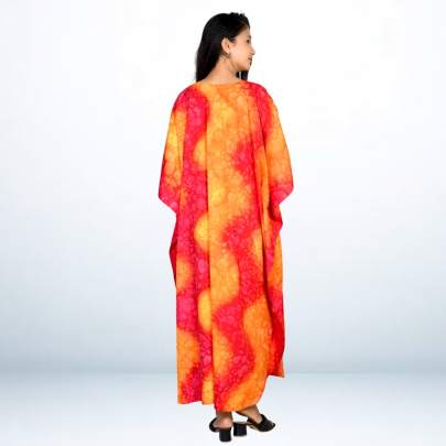 Red Orange Hand Spray Printed Long Kaftan Caftan