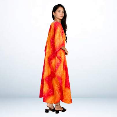 Red Orange Hand Spray Printed Long Kaftan Caftan
