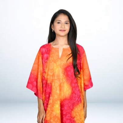 Red Orange Hand Spray Printed Long Kaftan Caftan