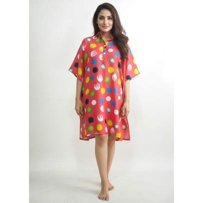 Red Polka Dot Short Kaftan Shirt Dress