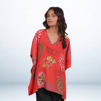 Red Printed Short Kaftan Tunic