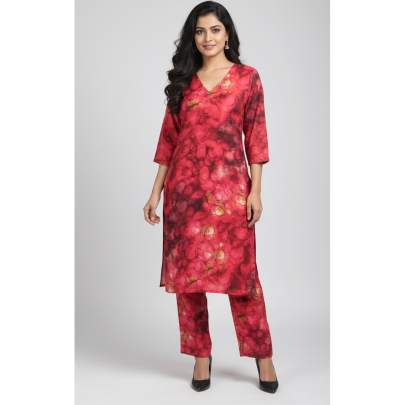 Red Printed Viscose Kurti Pant Co-ord Set