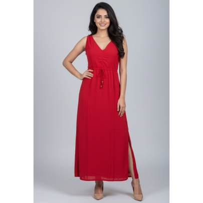 Red Sleeveless Long Dress with Drawstring Waist
