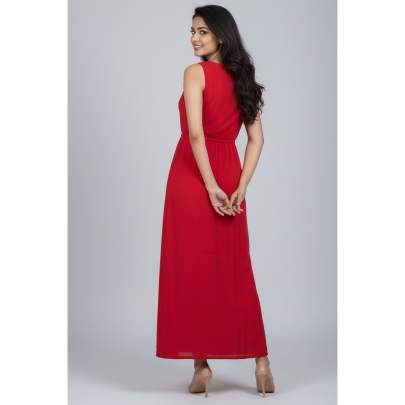 Red Sleeveless Long Dress with Drawstring Waist