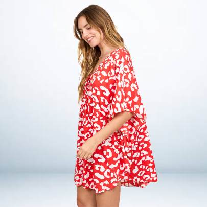 Red White Animal Skin Print Short tunic kaftan