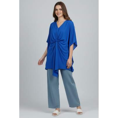 Royal Blue Knotted Poncho Top with Draped Front     Kuberaa Fashions