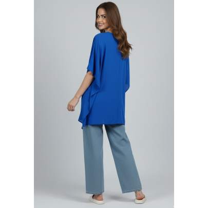 Royal Blue Knotted Poncho Top with Draped Front     Kuberaa Fashions