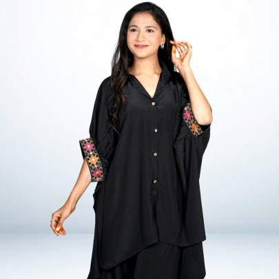 Silk Crepe Embroidered High low Kaftan Pant Set