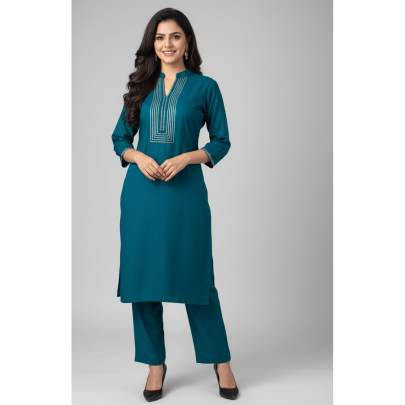 Teal Embroidered Neck Kurti Pant Set for Women