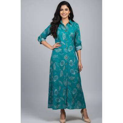 Teal Paisley Print Shirt Dress