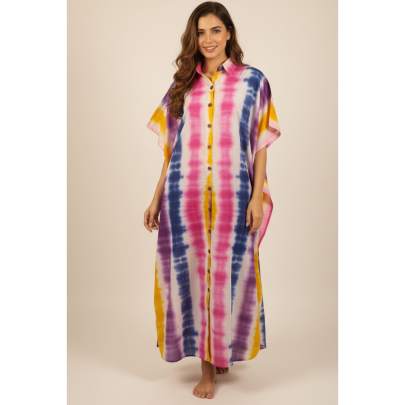 Tie-Dye Button-Down Long Kaftan – Soft Cotton