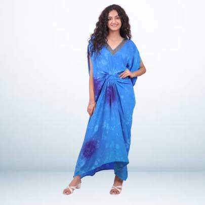 Tie Dye Embellished Neck Draped Kaftan