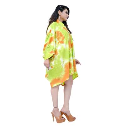 Tie Dye Print Kaftan Shirt  Cuff Sleeves  Green