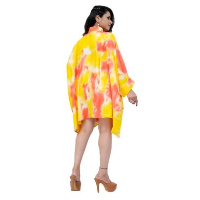 Tie Dye Print Kaftan Shirt  Cuff Sleeves  Yellow