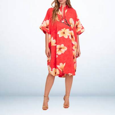 Tropical Floral Print Red Short Kaftan