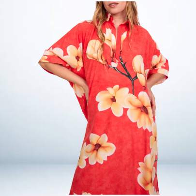 Tropical Floral Print Red Short Kaftan