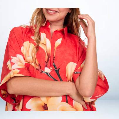 Tropical Floral Print Red Short Kaftan