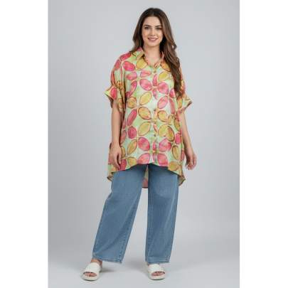 Tropical Print High-Low Poncho Shirt
