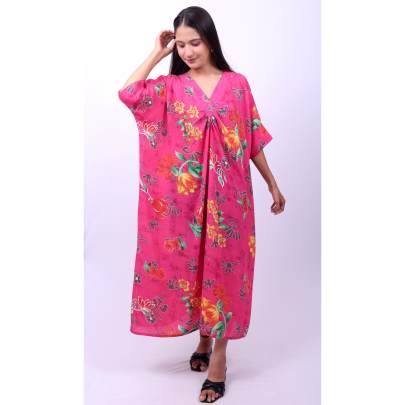 Tropical V Pleated Long Kaftan 