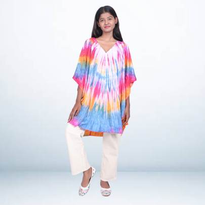 Vibrant Rainbow Tie Dye Short Kaftan for Women