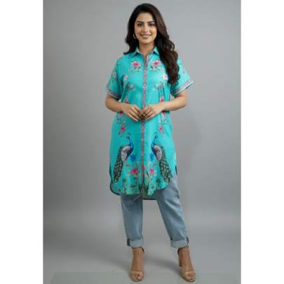Viscose Peacock Printed Long Shirt for Women