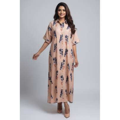 Viscose Printed Collar Neck Long Dress for Women
