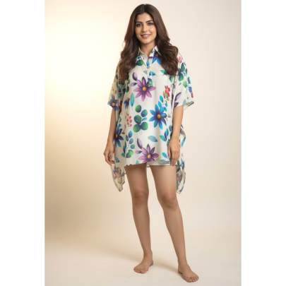 White Floral Printed High-Low Shirt Kaftan