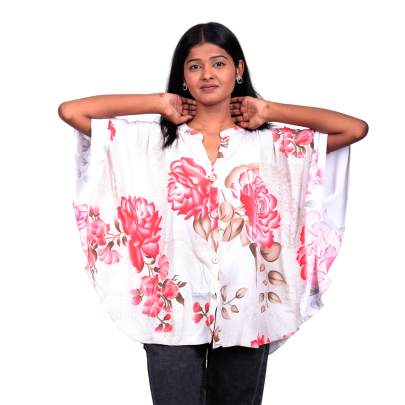 White Floral Printed Short Kaftan for Women