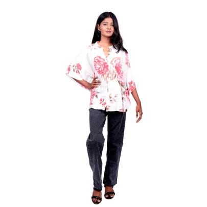 White Floral Printed Short Kaftan for Women