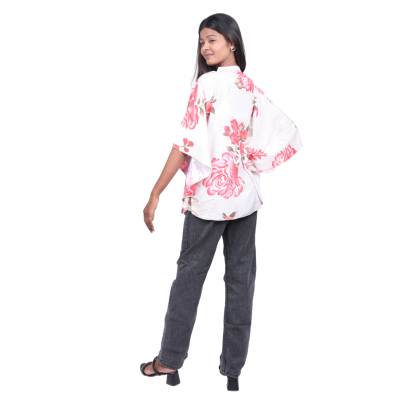 White Floral Printed Short Kaftan for Women