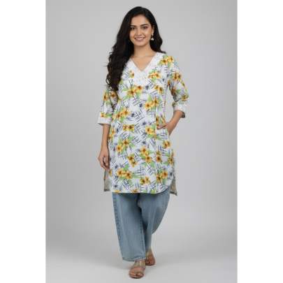 White Floral Printed V-Neck Kurta with 3/4 Sleeves
