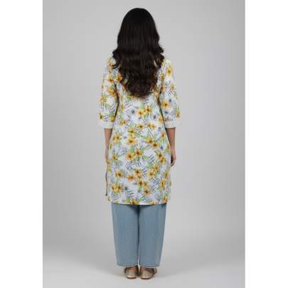White Floral Printed V-Neck Kurta with 3/4 Sleeves