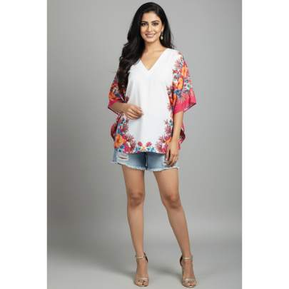 White & Pink Floral Short Kaftan Tunic