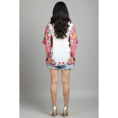 White & Pink Floral Short Kaftan Tunic