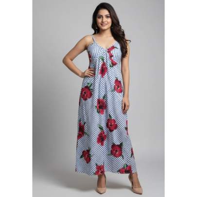 White Polka Dot Hibiscus Floral Spaghetti Strap Long Dress