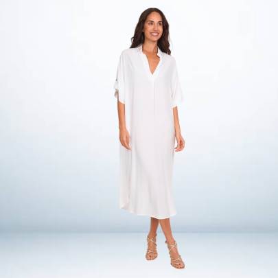White Rayon Long Collar Dress Kaftan