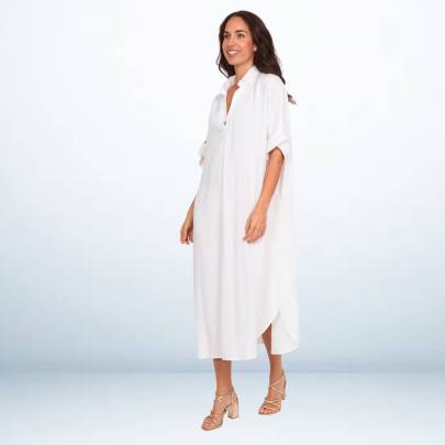 White Rayon Long Collar Dress Kaftan