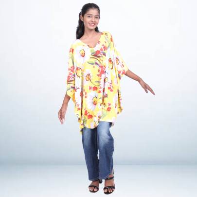 Yellow Floral Print Short Kaftan Tunic